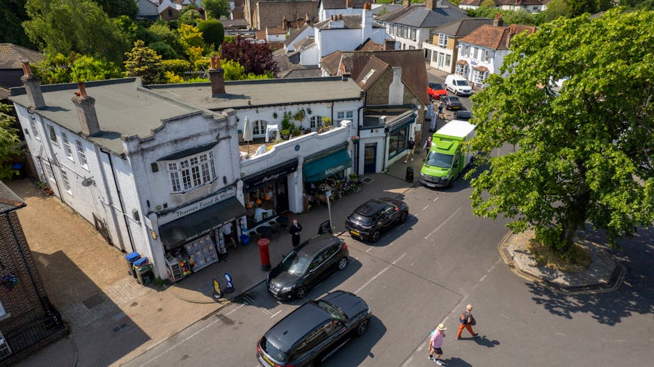 An aerial view of a quaint commercial building on Bromley Common High Street with a flower shop, visible by its green awning and flower displays outside. The scene includes parked cars along the stree