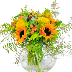 Sunshine and celebration radiate from this abundant bouquet, thoughtfully arranged with the flair of a local Bromley Common florist. Tall sunflowers rise at the heart of the display, their signature dark centers ringed in flickering yellow and burnt orange petals, exuding energy and joy. Around them, velvety yellow roses unfurl in tight spirals, each layer a testament to the careful hands that selected and placed them. Interwoven amidst the blooms, glossy red hypericum berries sparkle like forgotten treasures, infusing the bouquet with playful cheerfulness. A rich backdrop of greenery, including fresh fern fronds and delicate yellow-tipped solidago, frames the flowers and spills over the edge of the clear, spherical vase-a nod to the lush borders found in Bromley Common's parks and gardens. Sprigs of eucalyptus offer a breath of silvery freshness, their familiar scent mingling with the bouquet's gentle floral aroma. Light dappled across the glass highlights the structure and vitality of the stems and the varied textures above-soft petals, smooth leaves, crisp stems. This arrangement is perfect for marking birthdays and joyous occasions, or for welcoming a bit of Bromley Common's natural beauty and warmth into your day, crafted with skill and affection by the team at Flowers Bromley Common.